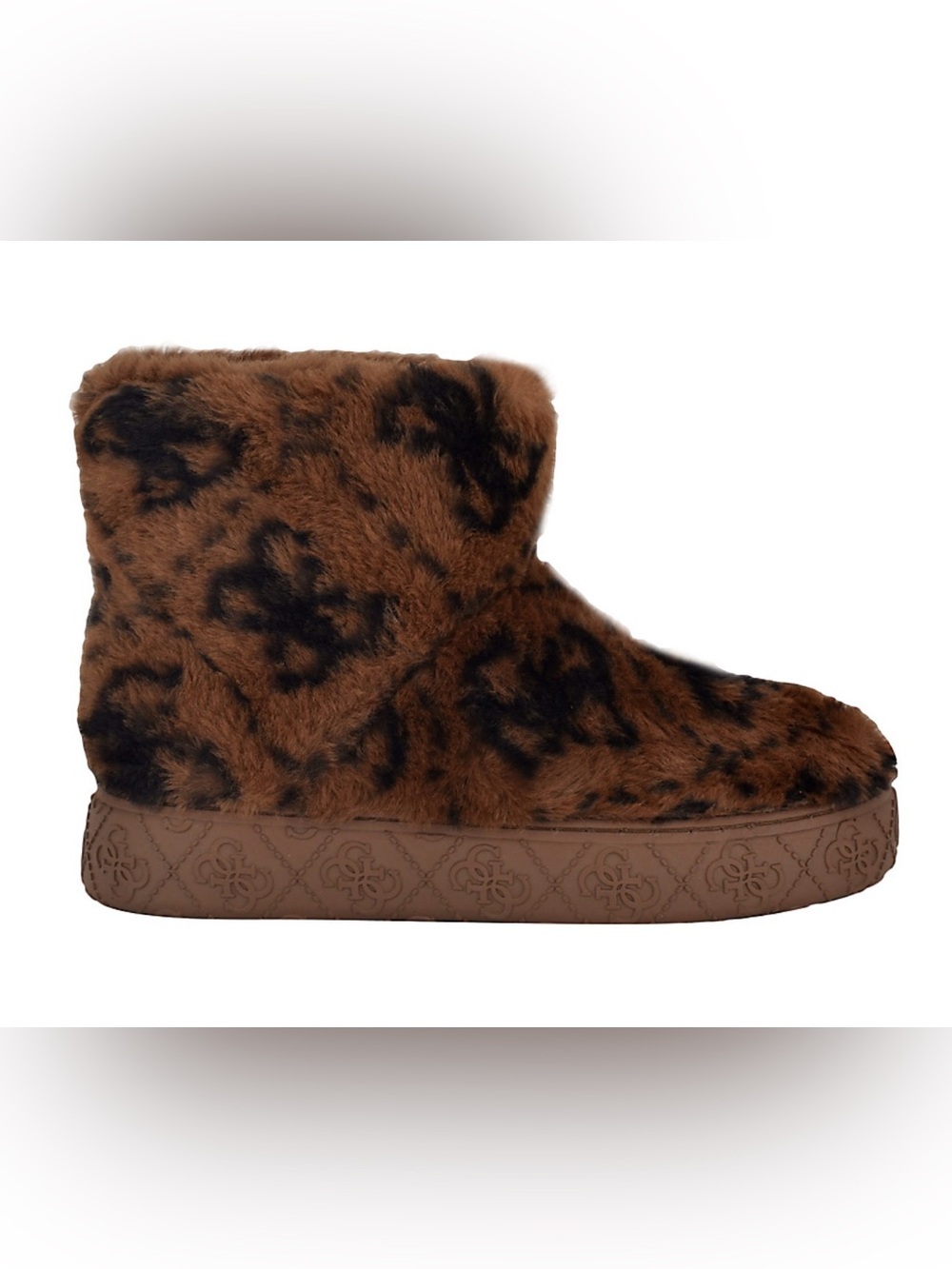 GUESS United  Faux Fur Leopard-Print Slip-On Boot in Brown and Black.